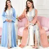 Ubranie etniczne 2pcs eid djellaba muzułmańskie kobiety otwarte abaya kimono kardigan islamski Jalabiya Dubai Turcja Maxi sukienka Ramadan Kaftan Belted