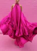 Casual jurken Freeacy vrouwelijk roze rood veters halternek mouwloos grote schommeljurk met ruche zoom rok zomervakantie feest