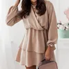 Casual Dresses Women Sexy Backless Hollow Out Lace-up Mini Dress Elegant V-neck Waist A-Line Long Sleeve Pleated Solid Party