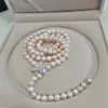 Gioielli di moda con collana lunga di perle d'acqua dolce rosa chiaro da 80 cm 8-9 mm con micro intarsio in zircone