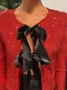 Femmes Vestes Bow Rouge Crop Top Femmes Paillettes De Noël À Manches Longues Vneck Femme Manteaux Évider Mode D'hiver Slim Lady Outwear 231218