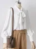 Blouses Femmes Mousseline de soie Blanc Femmes Chemises Summer Design 2023 Bow Cou Lanterne Manches Lâche Élégant Bureau Lady Manteaux Tops