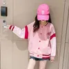 Vestes Veste de Baseball pour filles, Design coréen, col montant rose, brodé rayé, printemps automne, ample, doux, manteau bombardier pour petite amie