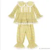 Пижамы для девочек, хлопковые желтые пижамные комплекты с цветочным принтом. Винтажный пижамный комплект с воротником Питера Пэна для малышей, одежда для сна, одежда для дома.