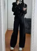Costumes pour femmes Blazers Noir Deux Pièces Ensemble Outifits 2023 Automne Manches Longues O Cou Court Blazer Manteau Taille Haute Pantalon Large 231219