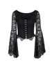 Women's T Shirts 2024 Dark Gothic Lace Corset T-shirt Women Vintage Elegant Cyber Punk Streetwear Sexy See Through Flare Sleeve Crop Tee