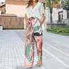 Women's Two Piece Pants Women Outfit Summer Office Lady V-neck Batwing Sleeve Print Shirt High Waist Drawstring Wide Leg Printing Long Set