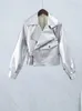 Womens Jackets Chic Silver Fake Leather Motorcycle Jacket Elegant Loose Lapel Long Sleeved PU Coat Autumn Lady Fashion Overcoat 231218