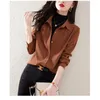 Damesblouses Koreaanse stijl Casual overhemden met omgeslagen kraag Herfst Winter Girly Lange mouwen Ruimvallend Veelzijdige cropped blouse QY297