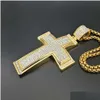 Colares Pingente Hip Hop Iced Out Big Cross Pingente Colar Para Homens 14K Ouro Amarelo Strass Hiphop Christian Jóias Drop Entregar Dh5PV