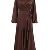 Casual Dresses Elegant Brown Asymmetrical Wrap For Women Sexy Satin Lantern Sleeve Dress 2023 Lace Up Midi High Waist Autumn