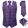 Men's Vests Hi-Tie Dark Purple Mens Silk Paisley V-Neck Waistcoat Tie Hanky Cufflinks Brooch Sets For Men Suit Wedding Formal Business