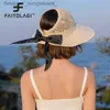 Visors Women Summer Big Wide Brim Str Hat Female UV Protect Ponytail Beach Sun Hats Hollow Top Foldable Ribbon Bows Ladies Panama CL231219