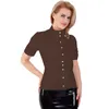 Women's Blouses Office Lady Wetlook PVC Sexy Short Sleeve Slim Fit Turn-down Collar Buttons Women Shirt Blouse Tops Casual Streetwear Club