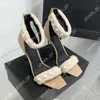 Pearl fur decoration Stiletto sandal Women's party dress shoes Ankle buckle Square Toes Post Zip Pumps Luxury designer sandals Factory Footwear With box