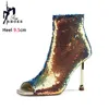 Women Square 618 2024 Summer Peep Toe High High Heels Club Ladies Glietter Glietter Boots with Zipper Bling Sequined Party Shoes 231219
