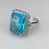 Cluster Rings HOYON S925 Silver Color Luxury Natural Sea Blue Topa Sapphire Exaggerated Ring Women's Crystal Gem Wedding Engagement Jewelry