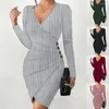 Casual Dresses Elegant Slim Office Dress Solid Sexy V-Neck Slit Knitted For Women Autumn Winter Package Hip Long Sleeve Bodycon