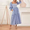 Casual Dresses Prairie Chic Embroidery Flower Long Dress For Women Autumn Retro Puff Sleeve Square Neck Flowy Hem A-Line Party