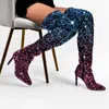 373 Onlymaker Women Over Glittery the Knee Gradient Color Sequins Pointed Toe Stiletto Female Boots 231219 64464