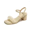 Sapatos de vestido 2023 Senhoras Sandálias de Verão Mulheres Francesas Uma Linha Cinto Mid-Heel Chunky Heel Mulher Moda Alta