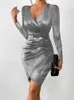 Casual Dresses Sexy Gold Shiny Asymmetrisches, figurbetontes Kleid Frühling Herbst Frauen Langarm Slim Side Split Clubwear Vestidos SZE-ST23304