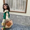 Kız Elbiseleri Kızlar Çiçek Peter Pan Yakası Elbise Bahar Sonbahar Çocuklar Uzun Kollu Pamuklu Keten Diz Uzunluk Elbiseler Çocuklar İçin