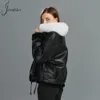 Couro feminino falso couro jxwatcher mulheres real shearling cinto casacos inverno genuíno pele de carneiro jaqueta outono raposa gola de pele zíper outerwear 231218