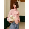 Blouses Femmes AEL Soie Blouse Femmes Satin À Manches Longues Col Montant Travail Chemises Élégant Dame Casual Doux Rose Été