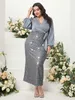 Graue Pailletten-Kleider für die Brautmutter in Übergröße mit langen Ärmeln, Hochzeitsgastkleid, knöchellang, Etui-Abendkleider mit V-Ausschnitt