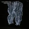 Stage Wear Seta LED Arcobaleno Danza Ventagli lunghi Donne Pancia Costume Puntelli per prestazioni Accessori cinesi