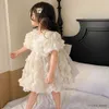 Mädchen Kleider Sommer Mädchen Prinzessin 3D Blume Puffärmel Kleid Kinder Beige Schleife Kleider Säuglingskleinkind Geburtstagsfeier Babykleidung 1-10 Jahre