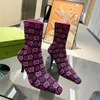 Women Black and White Knit Ankle Boots Square Toe Boot Designer Mid-heel Boots Heels Fashion Booties Slip-on Martin Fluorescent Fuchsia Yellow Knits Size 35-41