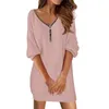 Robes décontractées Mode féminine Câble solide Demi-fermeture à glissière Manches longues Col V Coupe ample Mini Maxi Robe avec manches Automne