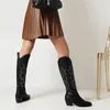 Botas XPAY Joelho-alto Mulheres Retro Cowgirl Chunky Heel Platform Feminino Elegante Sapatos Ocidentais Tamanho 35-43