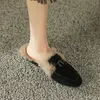 Suede winter schapen konijnenhaar muilezels voor vrouwen rond dikke hiel deksel teen slippers schoenen