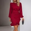 Casual Dresses Elegant BodyCon Short Women Autumn Black Ruffle Puff Sleeve Dress Fashion Simple Oregelbundet 2023