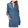 Basic Casual Dresses Denim Dress For Women 2022 Autumn Blue V-Neck Long Sleeve Mini Plus Size Washed Shirt Vestidos Drop Delivery Appa Otbei