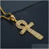 Pendentif Colliers Pendentif Croix Ankh égyptienne pour hommes avec chaîne en or jaune 14 carats et collier strass Bling FL glacé Hip Hop Egypte Dhvzq