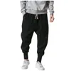 Herrbyxor bomullslinne harem män solid elastisk midja streetwear joggers 2024 baggy drop crotch casual byxor man