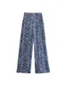Spodnie damskie moda niebieska kwiatowy nadruk szeroko nogi kobiety 2023 Letnie elastyczne spodnie wysokiej talii kobiety swobodne worki eleganckie strój