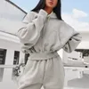 Women's Two Piece Pants Wholesale Fall Winter Fleece Crop Hoodies and Pants 2 Piece Set Tracksuit Women Sports Outfits Two Piece Suit Mujer Solid Casual 231218