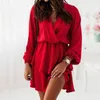 Casual Dresses Women Sexy Backless Hollow Out Lace-up Mini Dress Elegant V-neck Waist A-Line Long Sleeve Pleated Solid Party