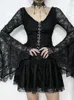 Women's T Shirts 2024 Dark Gothic Lace Corset T-shirt Women Vintage Elegant Cyber Punk Streetwear Sexy See Through Flare Sleeve Crop Tee