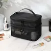 Custodie per cosmetici Borsa per cosmetici in rete grigia a doppio strato Custodia per trucco portatile da donna Borsa da viaggio con cerniera di grande capacità Organizzatore per trucco Scatola di immagazzinaggio per articoli da toeletta 231219