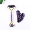 Jade-Roller und Gua-Sha-Massagegerät-Set, natürlicher Kristall-Amethyst-Gesichtsroller, Guasha-Stein, reduziert Schwellungen, Schönheits-Gesichtsmassage-Werkzeuge