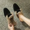 Winter Sheep Suede Rabbit Hair Mules for Women Round Chunky Heel Cover Toe Slippers Shoes 231219