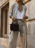 Women's Two Piece Pants Fashion Silver Sequin Long Sets Women Wide Leg Flare Sleeve Coats Baddie Street Lady Outifits