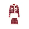 Платье из двух частей, женские комплекты, винно-красное клетчатое короткое пальто с одним вырезом, юбка с высокой талией и запахом, длинная юбка, сладкий нежный плюшевый край 231218