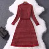 2023 autumn Long Sleeve Crew Neck Red Panelled Button Tweed A-Line ball gown Dress Elegant Casual Dresses